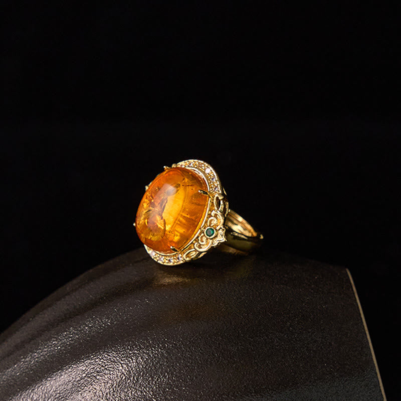 Amber Pigeon Egg Flower Ring in Gold and Copper