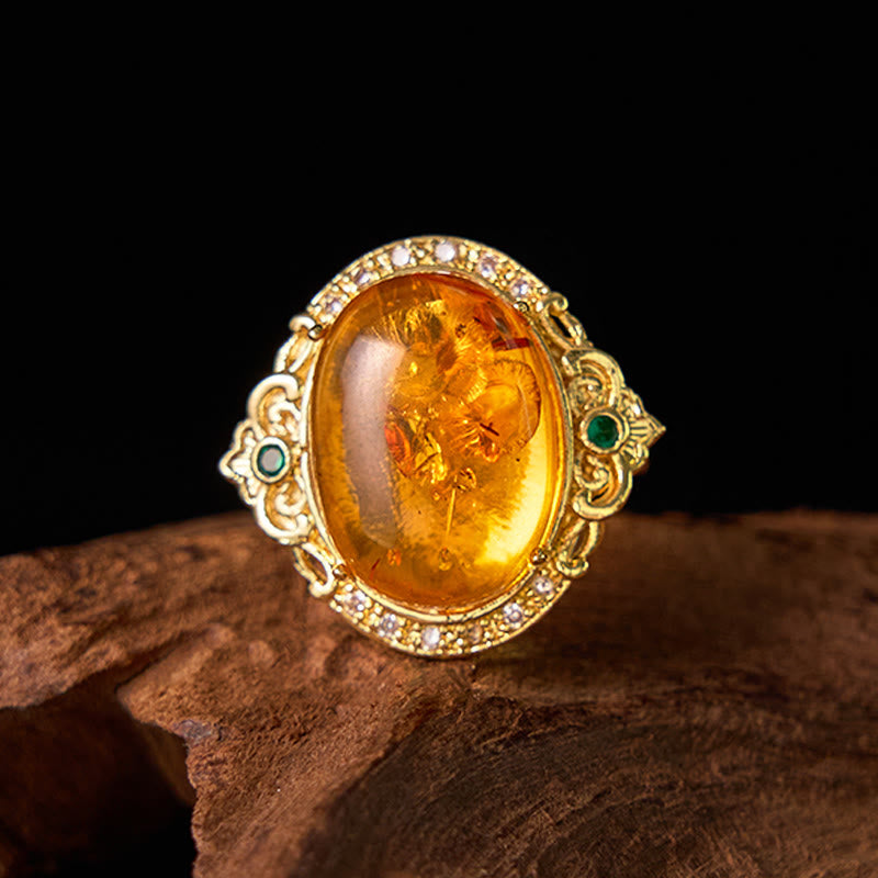 Amber Pigeon Egg Flower Ring in Gold and Copper
