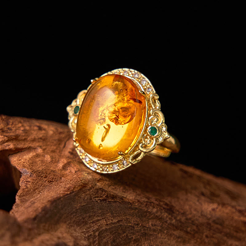Amber Pigeon Egg Flower Ring in Gold and Copper
