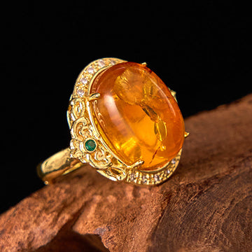 Amber Pigeon Egg Flower Ring in Gold and Copper