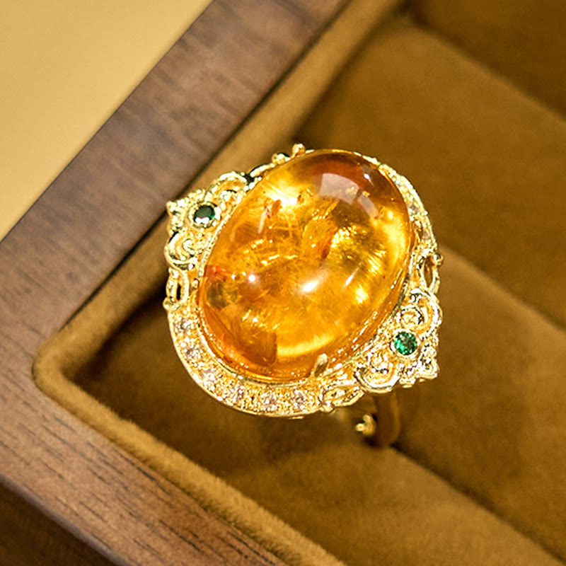 Amber Pigeon Egg Flower Ring in Gold and Copper