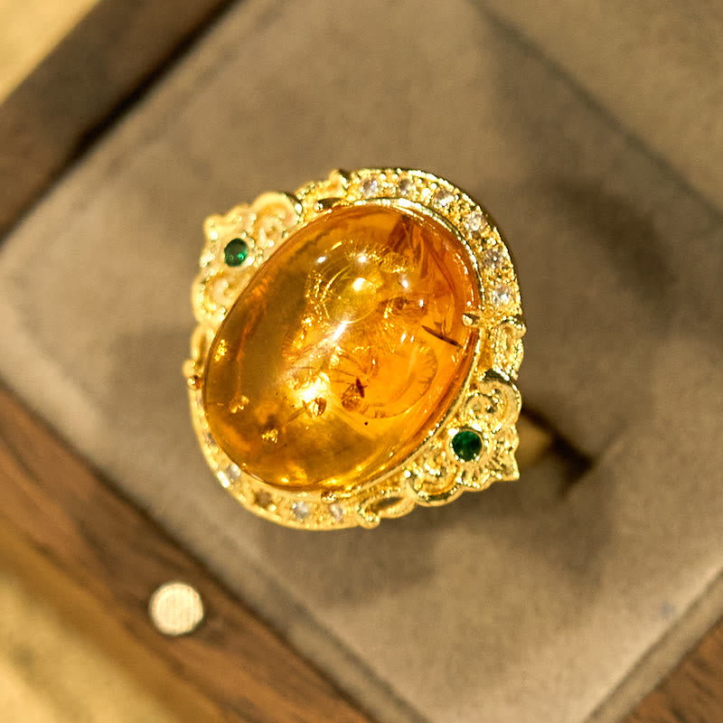 Amber Pigeon Egg Flower Ring in Gold and Copper