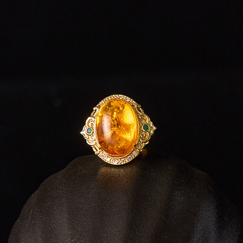 Amber Pigeon Egg Flower Ring in Gold and Copper