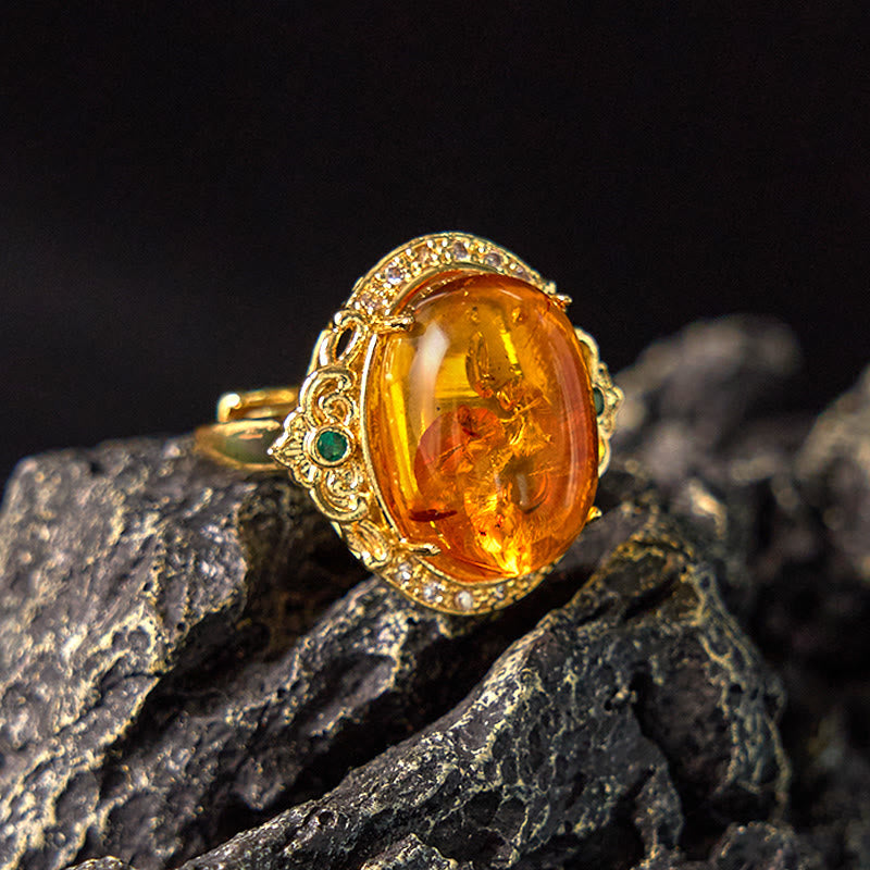 Amber Pigeon Egg Flower Ring in Gold and Copper