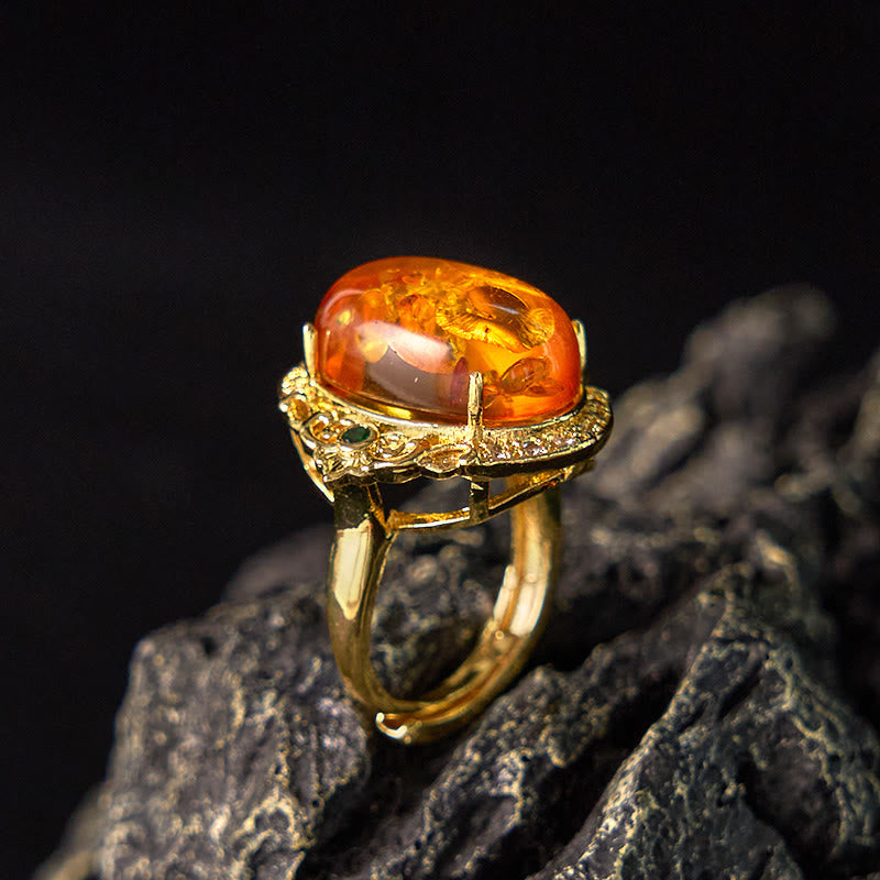 Amber Pigeon Egg Flower Ring in Gold and Copper
