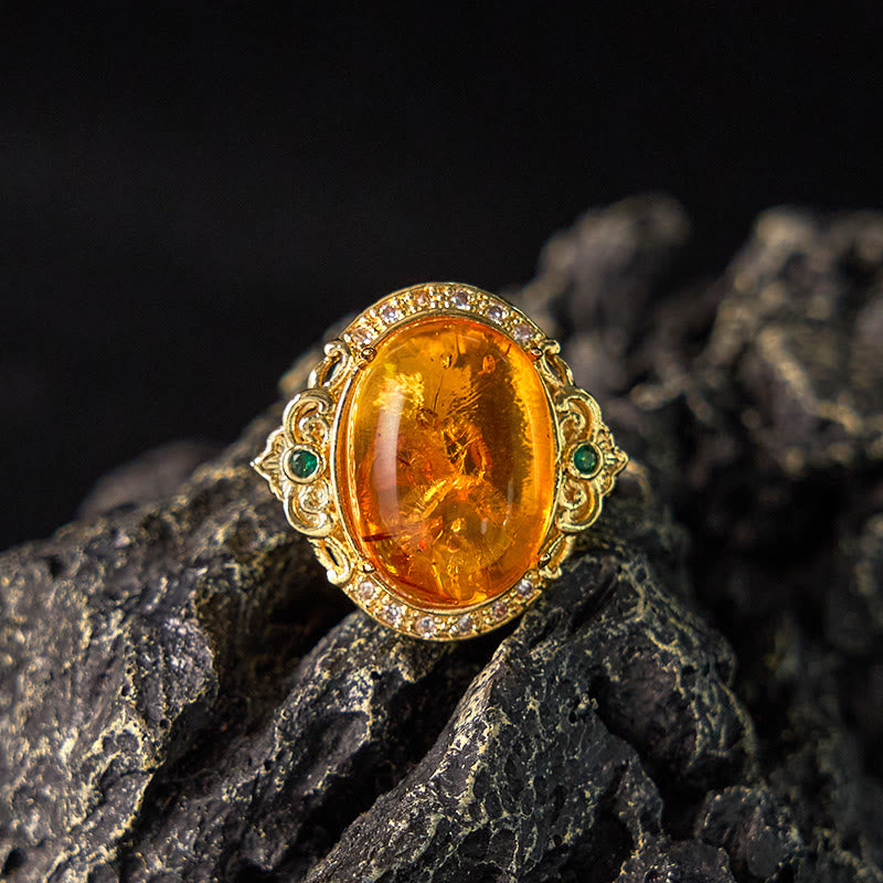 Amber Pigeon Egg Flower Ring in Gold and Copper