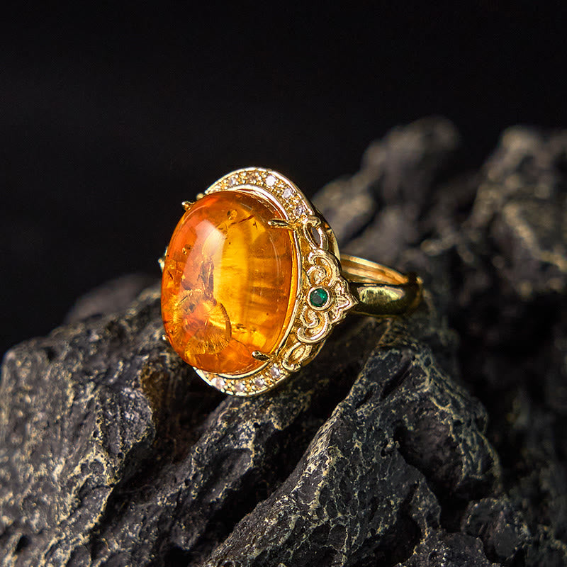 Amber Pigeon Egg Flower Ring in Gold and Copper
