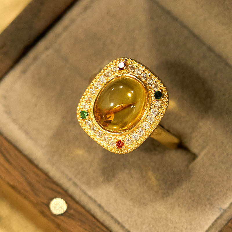Natural Amber Flower Square Support Full Diamond Confidence Ring