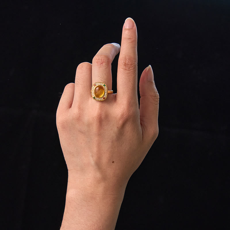 Natural Amber Flower Square Support Full Diamond Confidence Ring