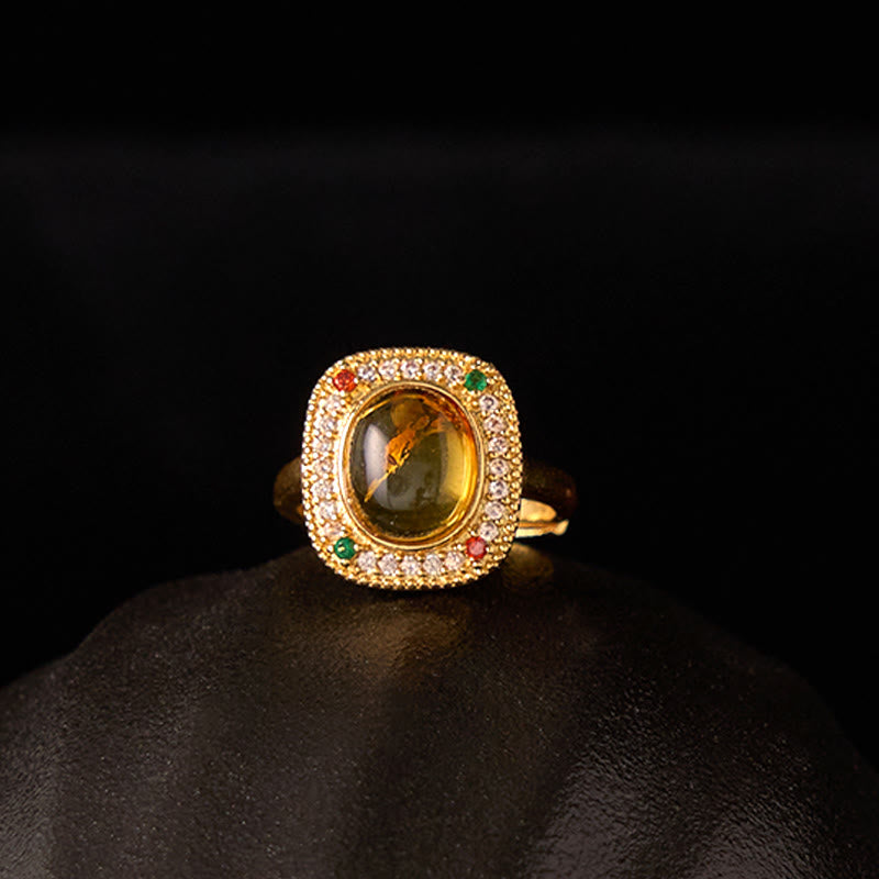 Natural Amber Flower Square Support Full Diamond Confidence Ring