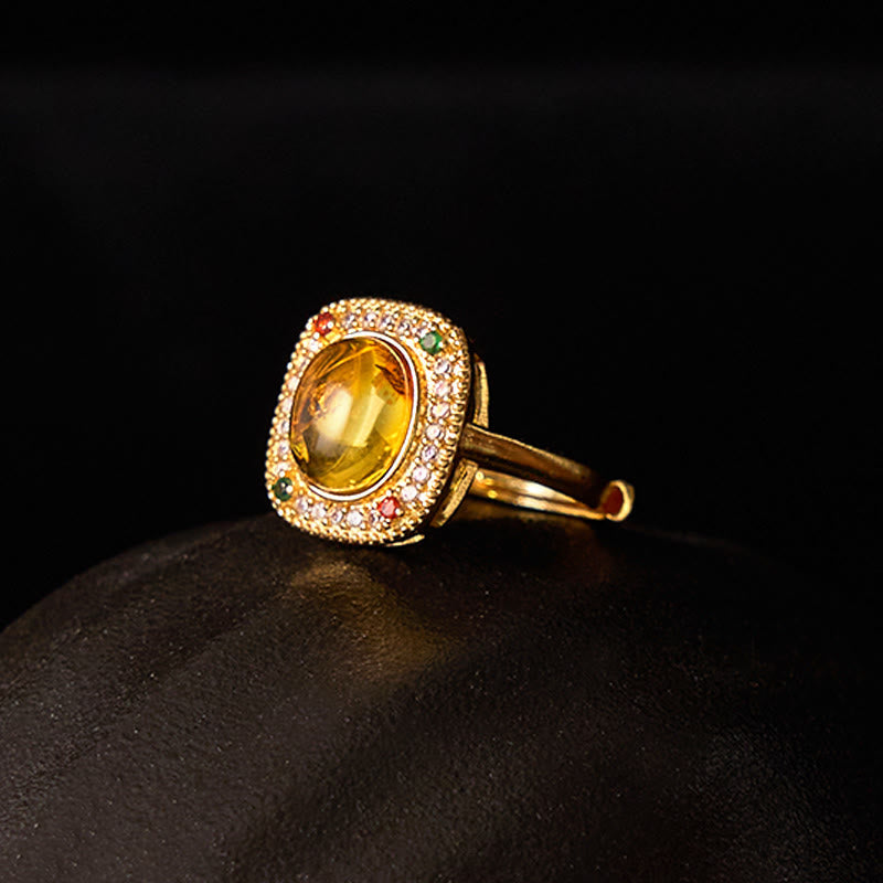 Natural Amber Flower Square Support Full Diamond Confidence Ring