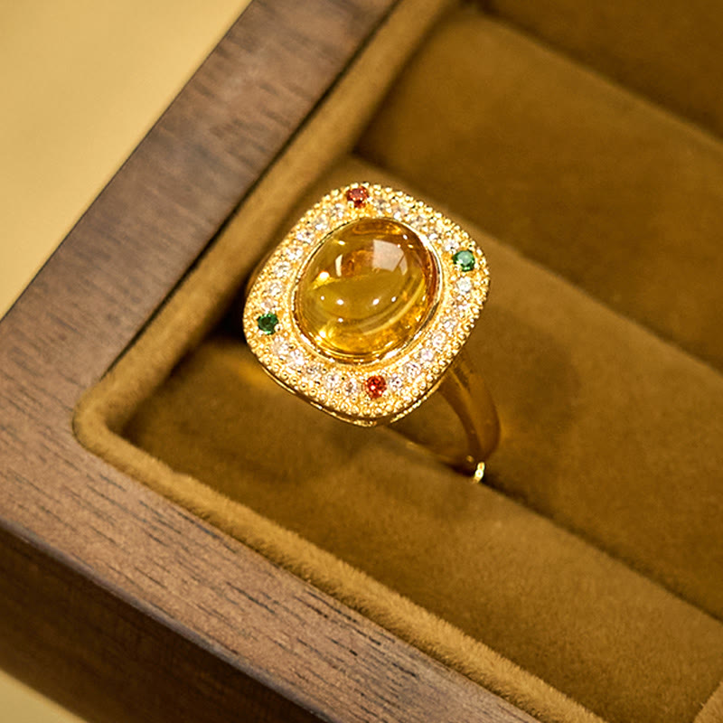 Natural Amber Flower Square Support Full Diamond Confidence Ring