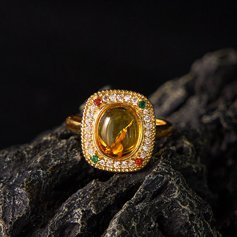 Natural Amber Flower Square Support Full Diamond Confidence Ring