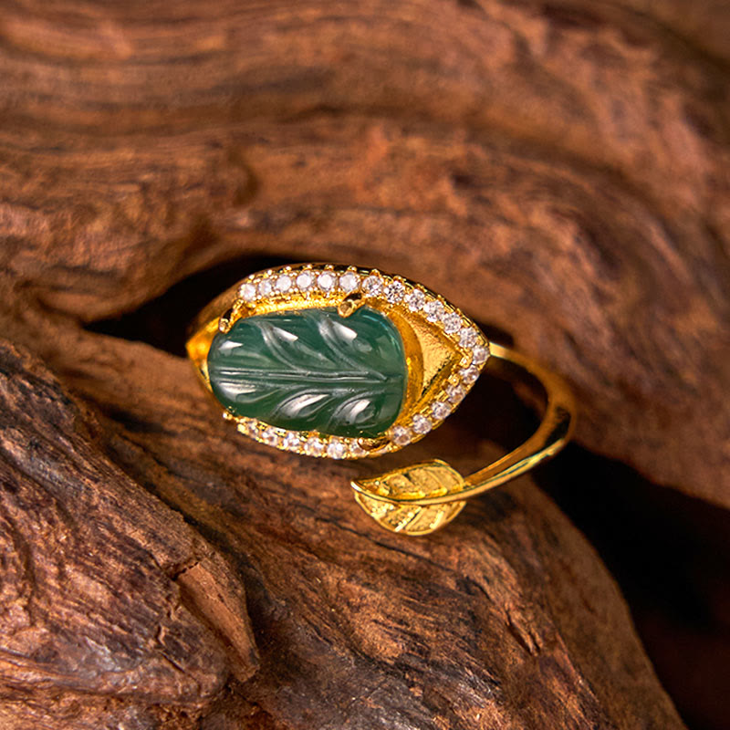 Copper Plated Gold Natural Jade Leaf Prosperity Adjustable Ring