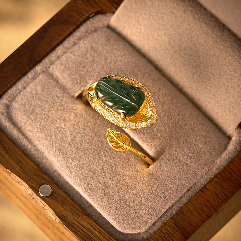 Copper Plated Gold Natural Jade Leaf Prosperity Adjustable Ring