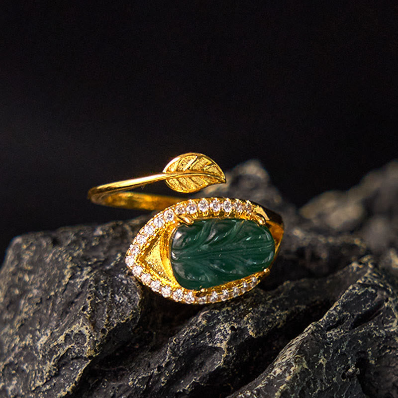 Copper Plated Gold Natural Jade Leaf Prosperity Adjustable Ring