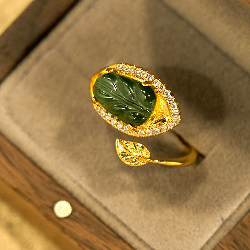 Copper Plated Gold Natural Jade Leaf Prosperity Adjustable Ring