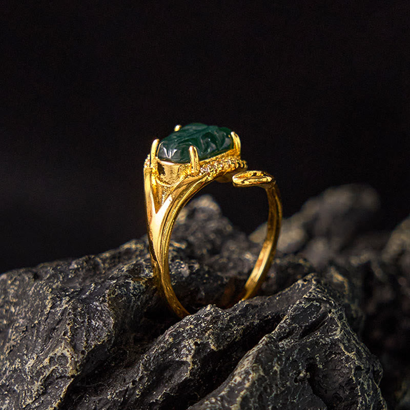 Copper Plated Gold Natural Jade Leaf Prosperity Adjustable Ring