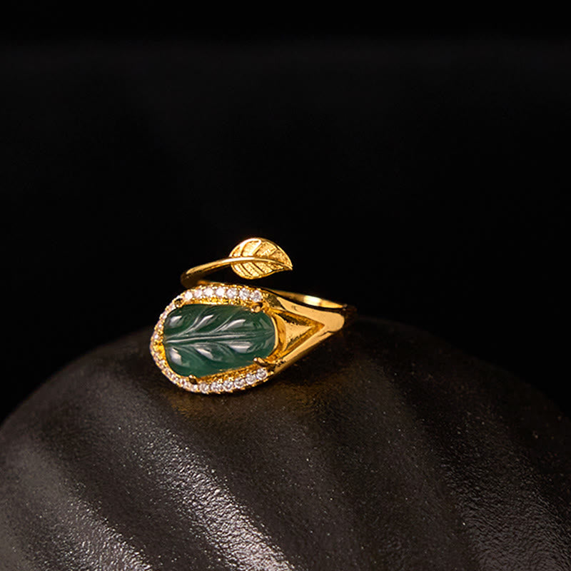 Copper Plated Gold Natural Jade Leaf Prosperity Adjustable Ring
