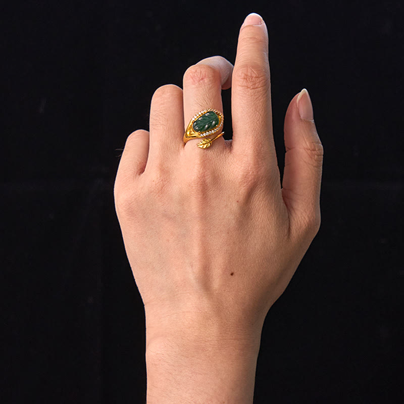 Copper Plated Gold Natural Jade Leaf Prosperity Adjustable Ring