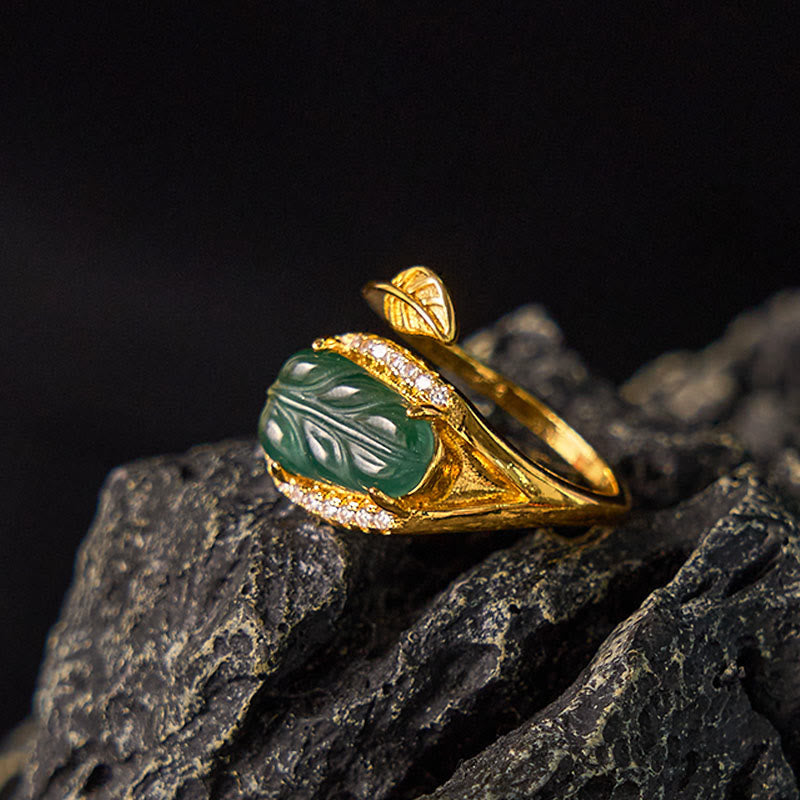 Copper Plated Gold Natural Jade Leaf Prosperity Adjustable Ring