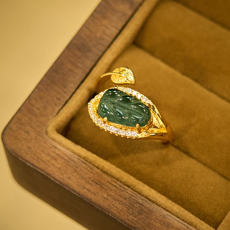 Copper Plated Gold Natural Jade Leaf Prosperity Adjustable Ring