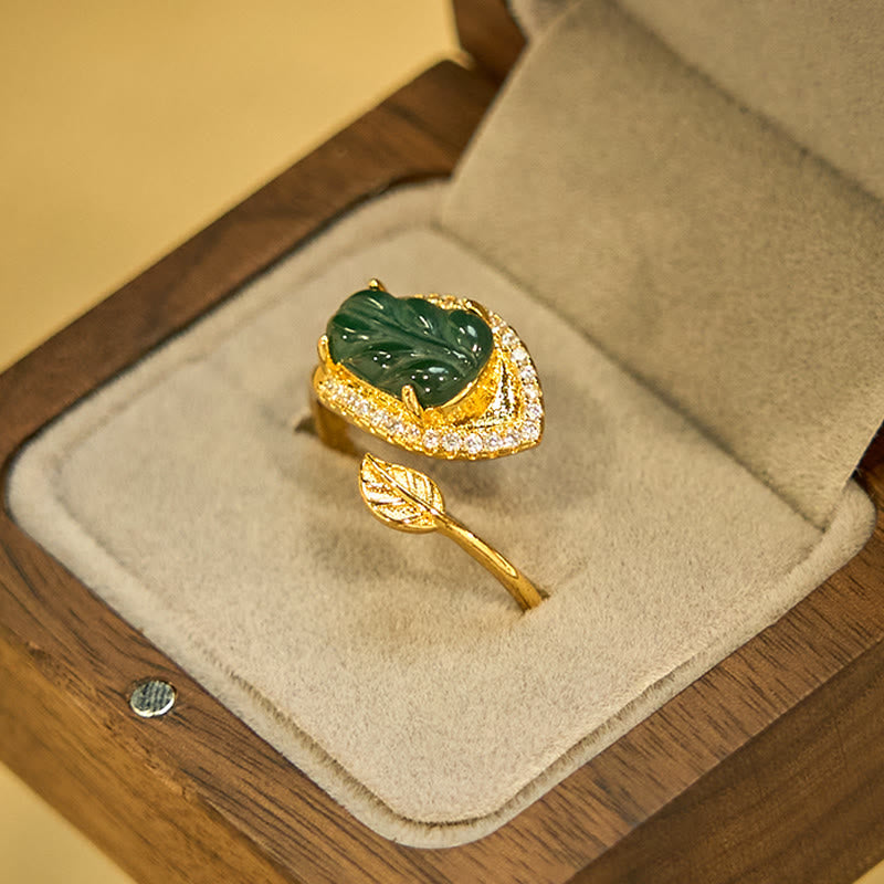 Copper Plated Gold Natural Jade Leaf Prosperity Adjustable Ring