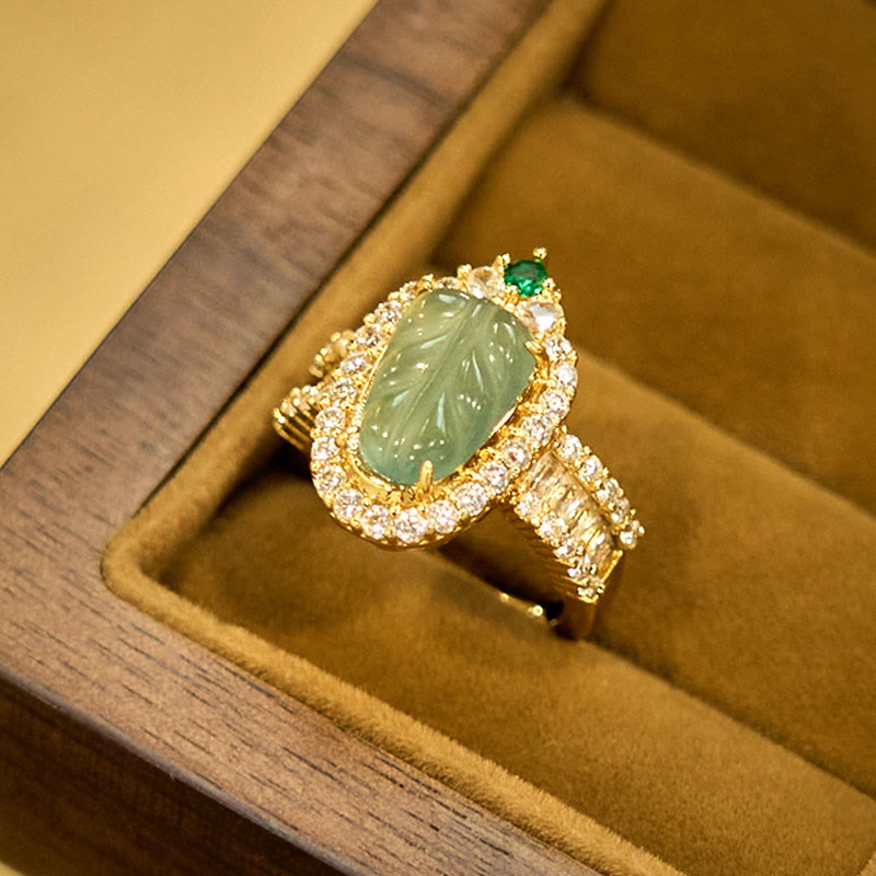 Copper Plated Gold Natural Jade Leaf Full Diamond Luck Adjustable Ring