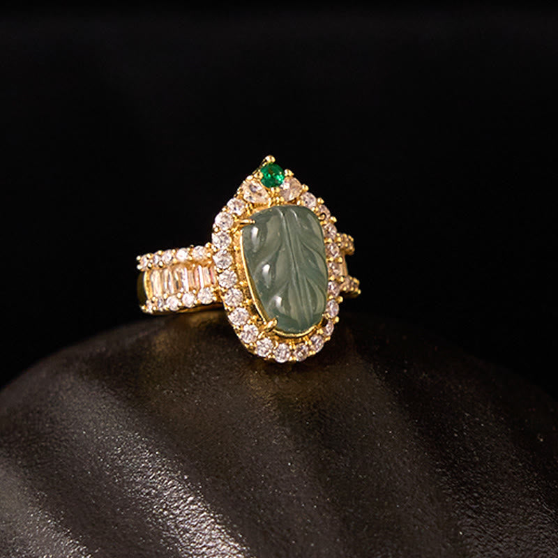 Copper Plated Gold Natural Jade Leaf Full Diamond Luck Adjustable Ring