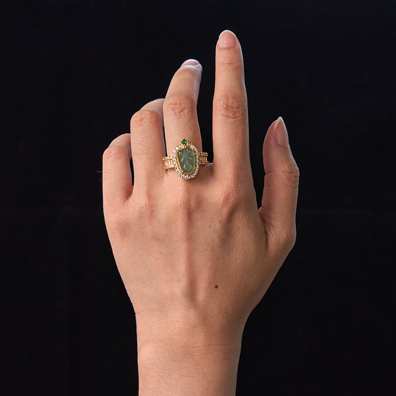 Copper Plated Gold Natural Jade Leaf Full Diamond Luck Adjustable Ring