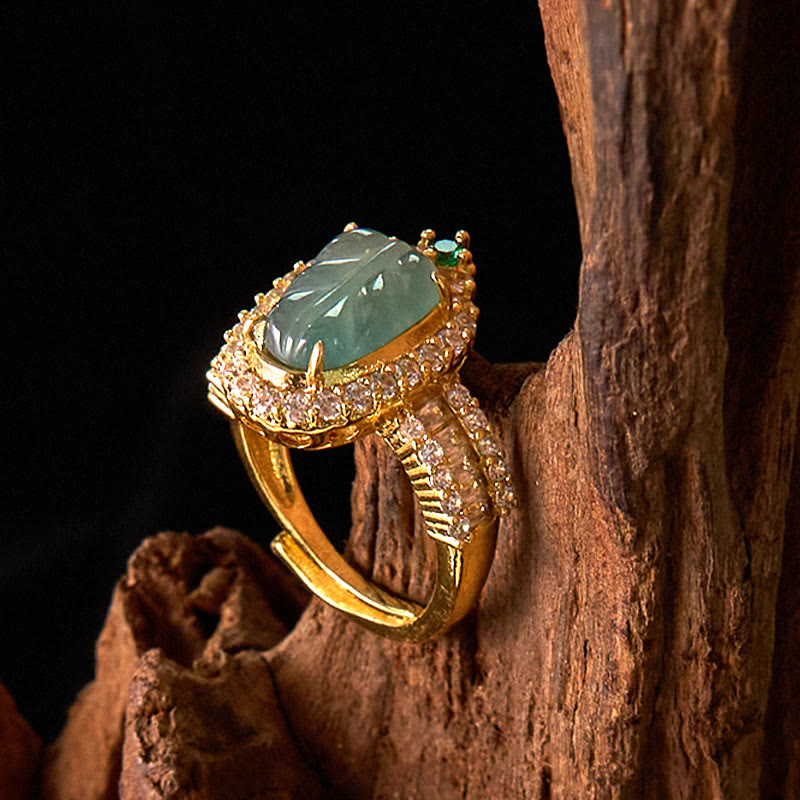 Copper Plated Gold Natural Jade Leaf Full Diamond Luck Adjustable Ring