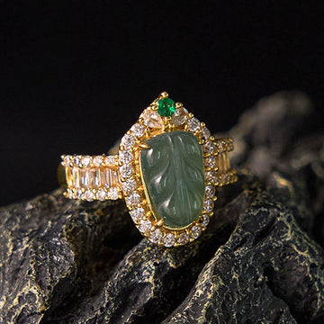 Copper Plated Gold Natural Jade Leaf Full Diamond Luck Adjustable Ring