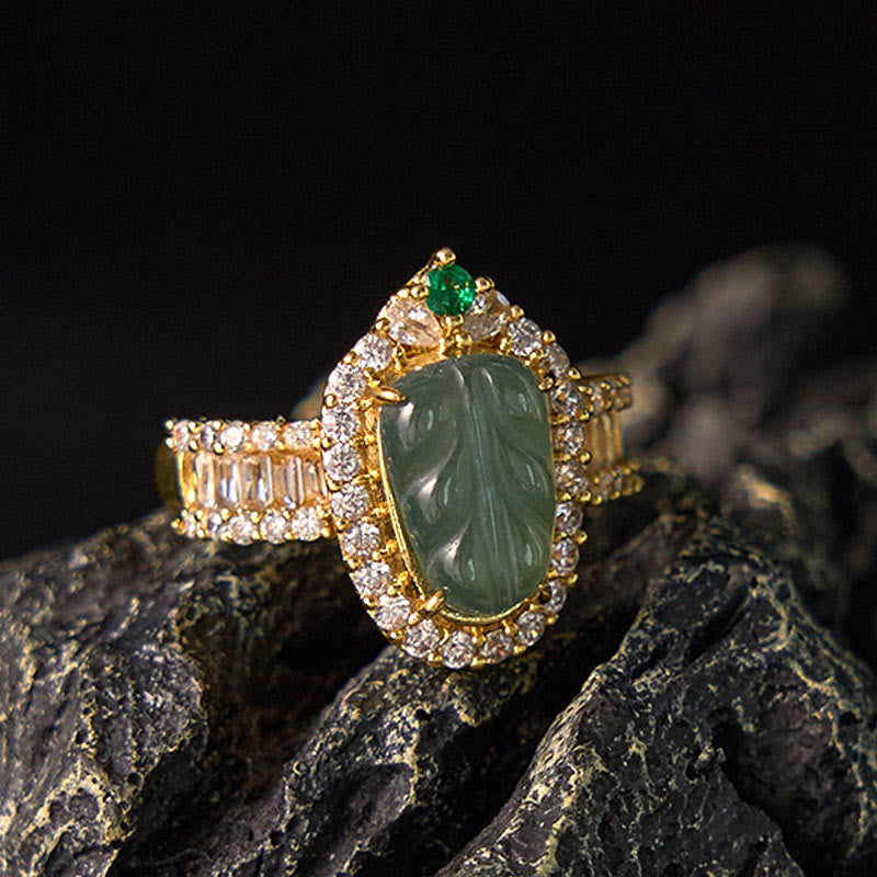 Copper Plated Gold Natural Jade Leaf Full Diamond Luck Adjustable Ring