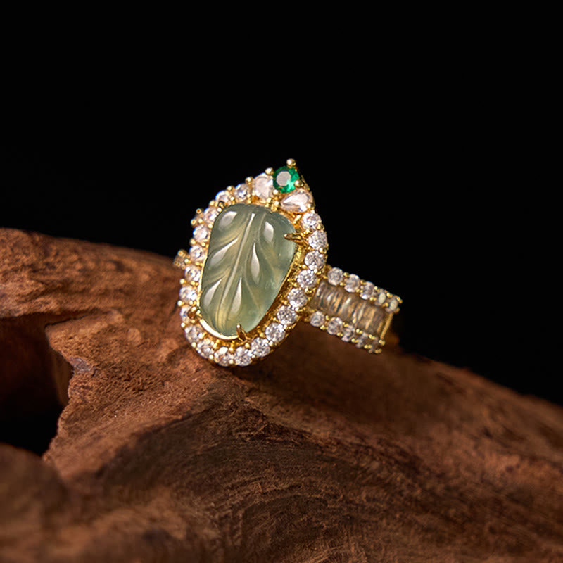 Copper Plated Gold Natural Jade Leaf Full Diamond Luck Adjustable Ring