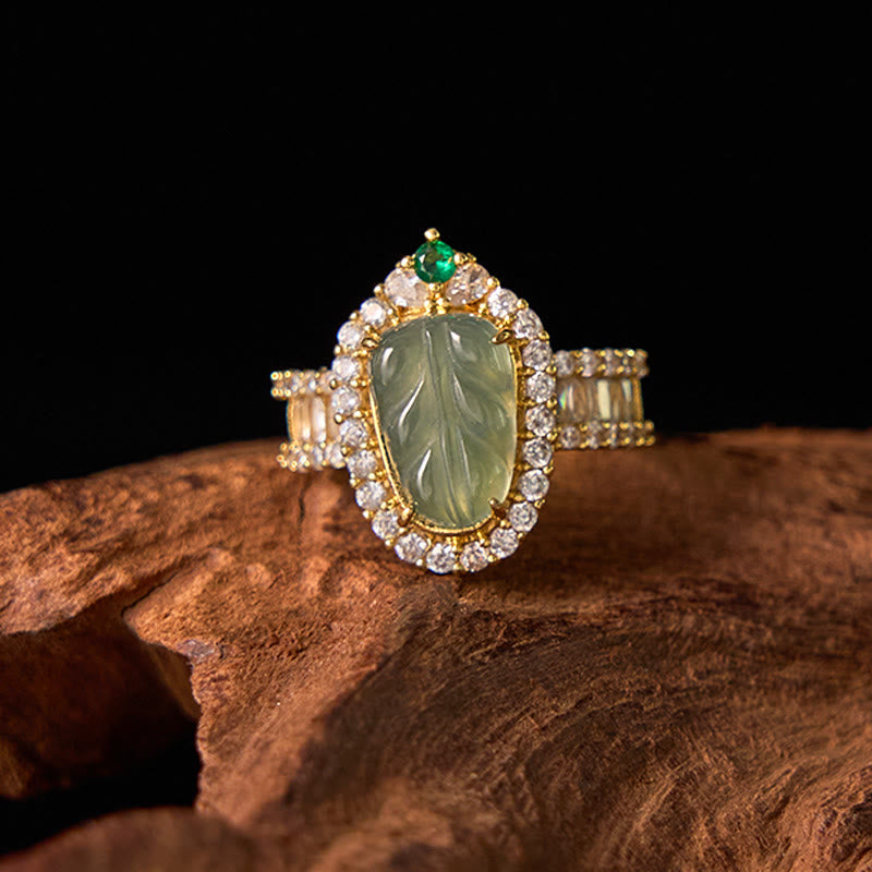 Copper Plated Gold Natural Jade Leaf Full Diamond Luck Adjustable Ring