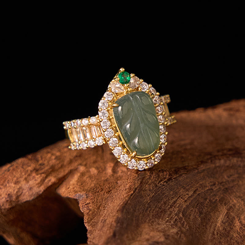 Copper Plated Gold Natural Jade Leaf Full Diamond Luck Adjustable Ring
