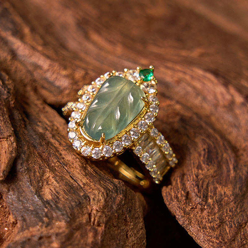 Copper Plated Gold Natural Jade Leaf Full Diamond Luck Adjustable Ring
