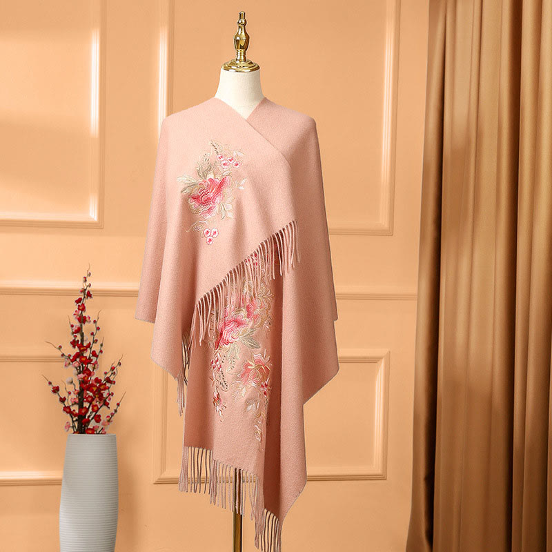 Wool Shawl Red Flower Leaves Embroidery Tassel Winter Cozy Travel Scarf Wrap