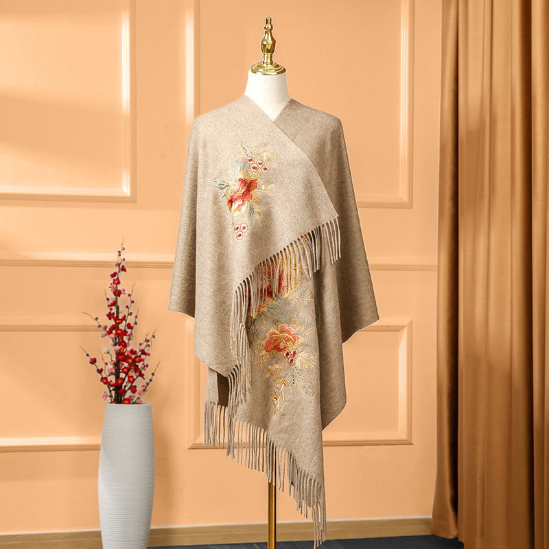 Wool Shawl Red Flower Leaves Embroidery Tassel Winter Cozy Travel Scarf Wrap