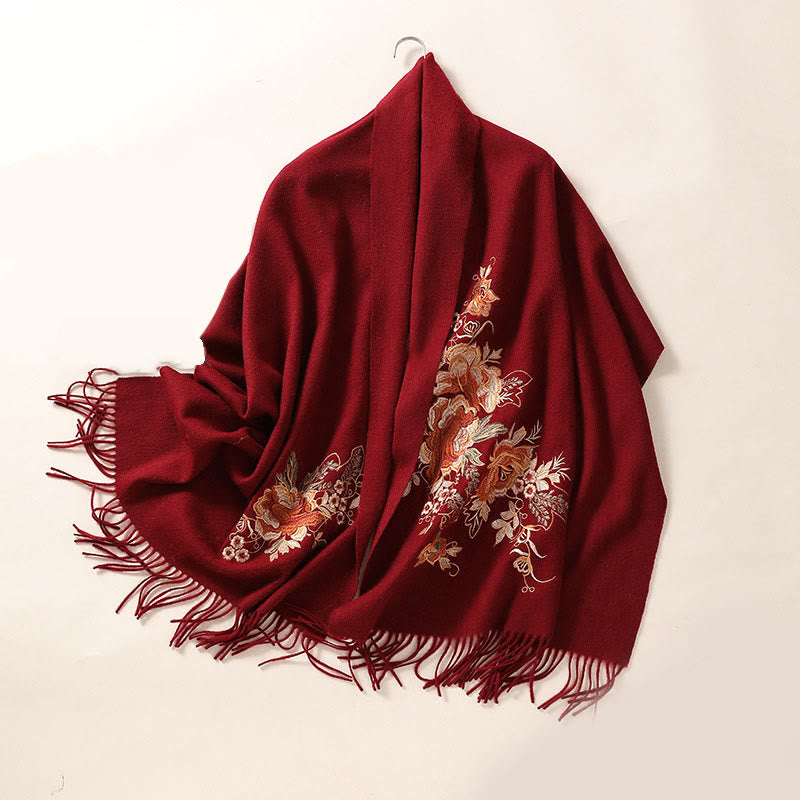 Wool Shawl Red Flower Leaves Embroidery Tassel Winter Cozy Travel Scarf Wrap