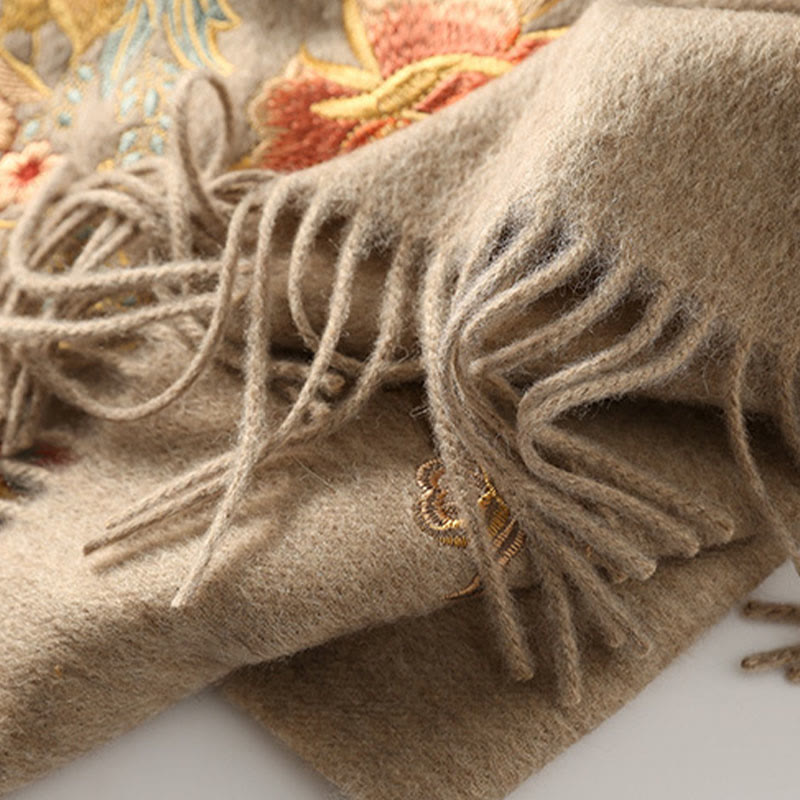 Wool Shawl Red Flower Leaves Embroidery Tassel Winter Cozy Travel Scarf Wrap