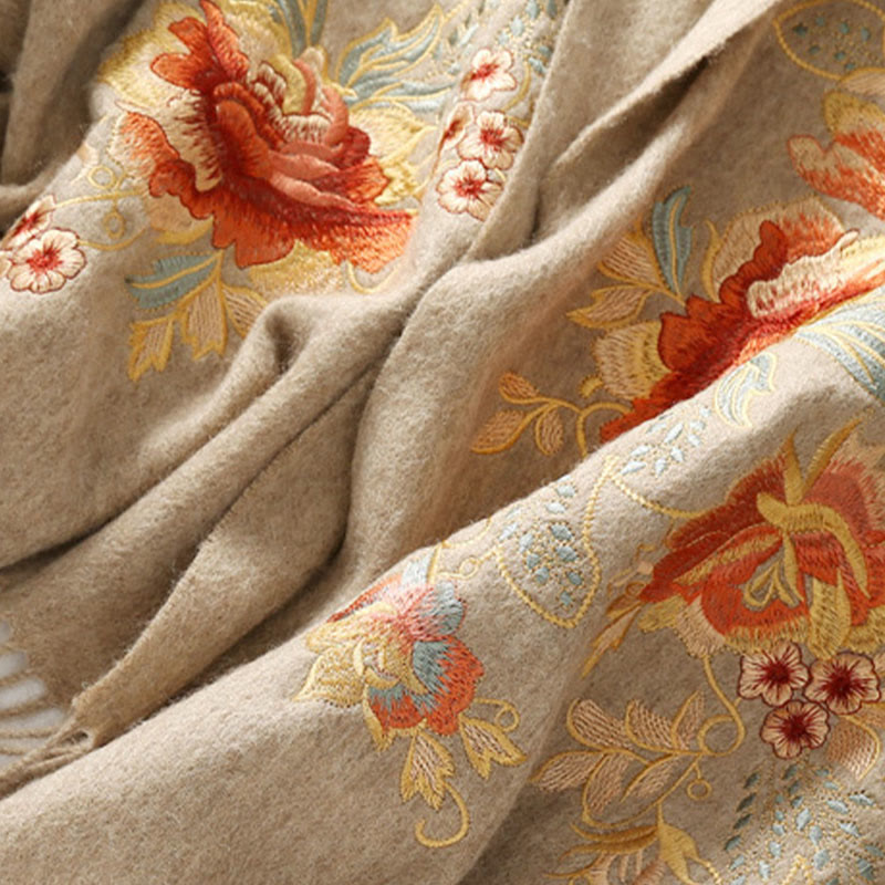 Wool Shawl Red Flower Leaves Embroidery Tassel Winter Cozy Travel Scarf Wrap
