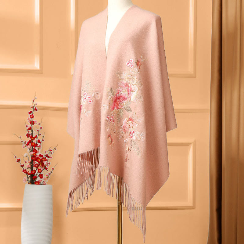 Wool Shawl Red Flower Leaves Embroidery Tassel Winter Cozy Travel Scarf Wrap