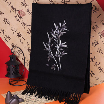 Embroidered Wool Bamboo Leaf Meditation Shawl Wrap with Tassels
