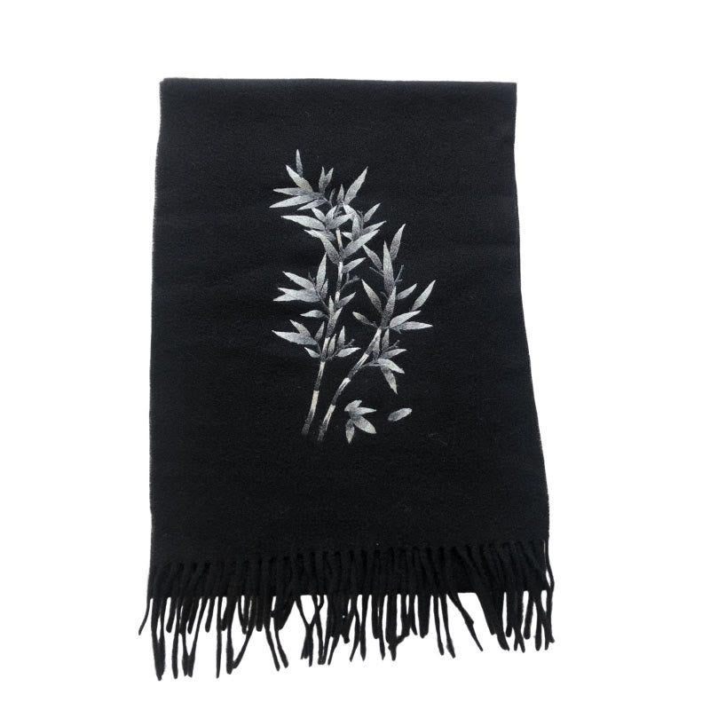 Embroidered Wool Bamboo Leaf Meditation Shawl Wrap with Tassels