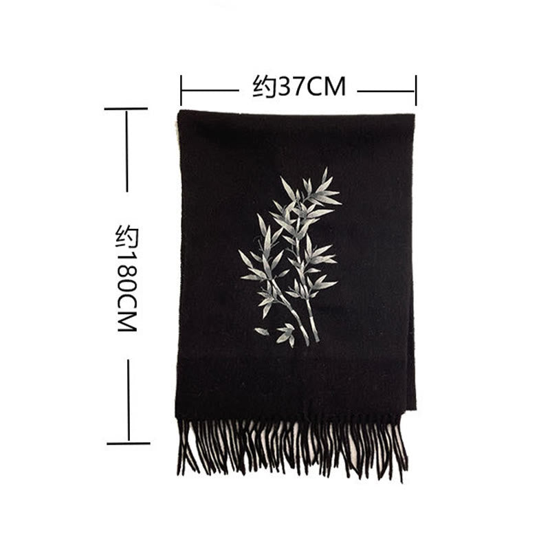Embroidered Wool Bamboo Leaf Meditation Shawl Wrap with Tassels