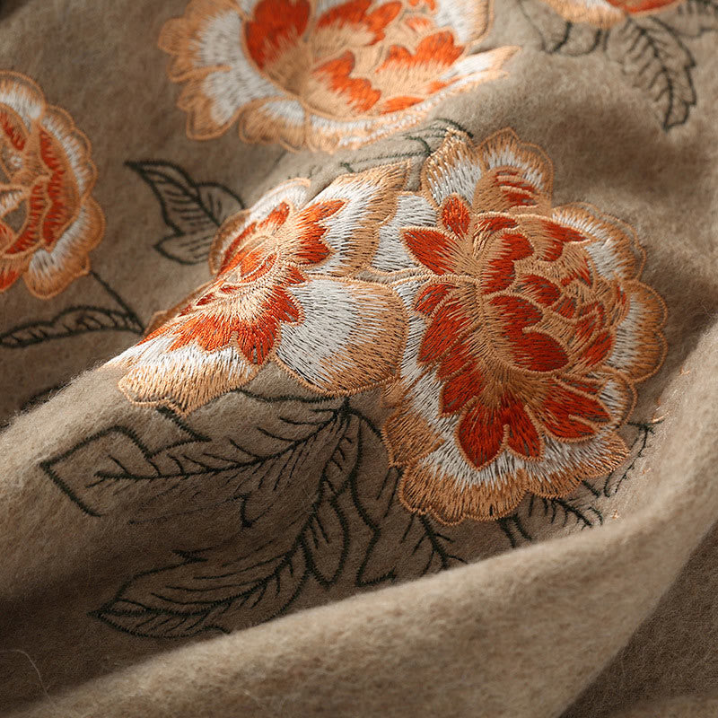 Wool Shawl Red Peony Embroidery Tassel Winter Cozy Travel Scarf Wrap