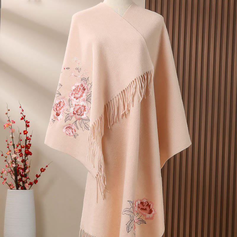 Wool Shawl Red Peony Embroidery Tassel Winter Cozy Travel Scarf Wrap
