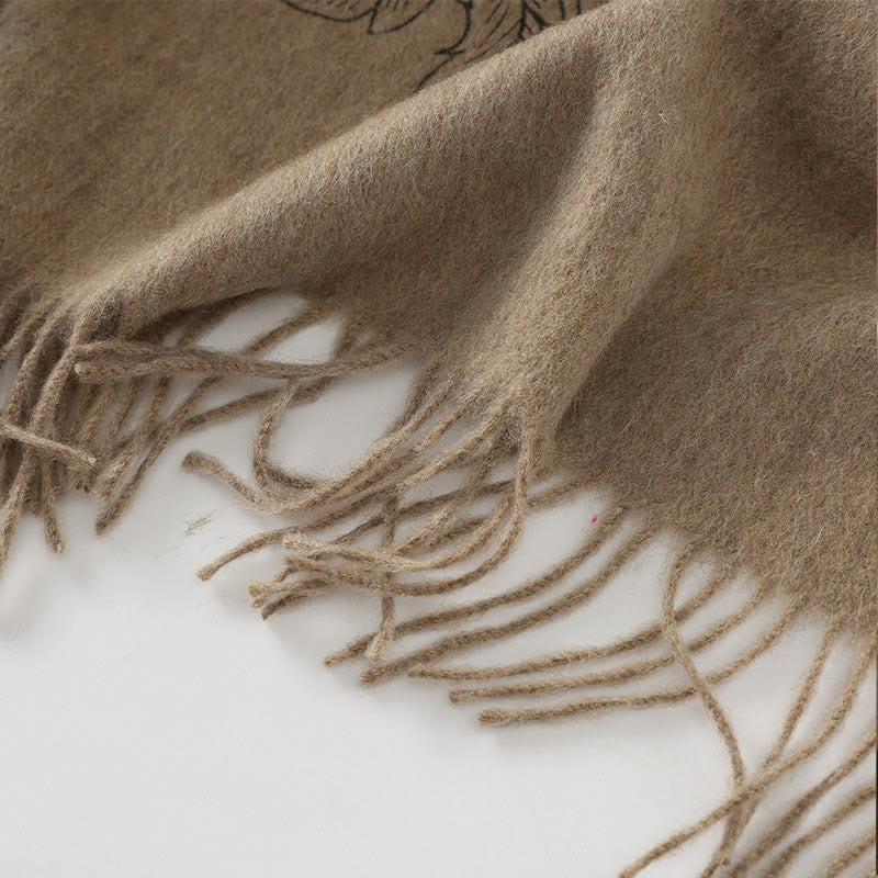 Wool Shawl Red Peony Embroidery Tassel Winter Cozy Travel Scarf Wrap