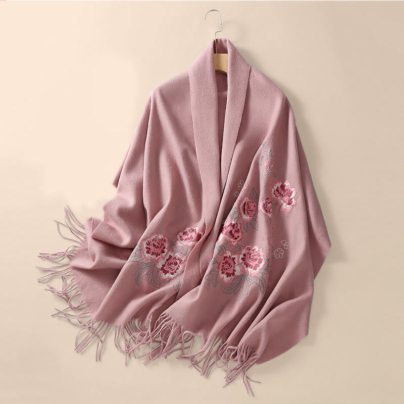 Wool Shawl Red Peony Embroidery Tassel Winter Cozy Travel Scarf Wrap
